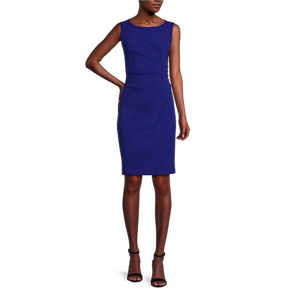 CALVIN KLEIN Sideburst Boat Neck Sleeveless Ruched Pencil Dress, Size 10 - Picture 2 of 14